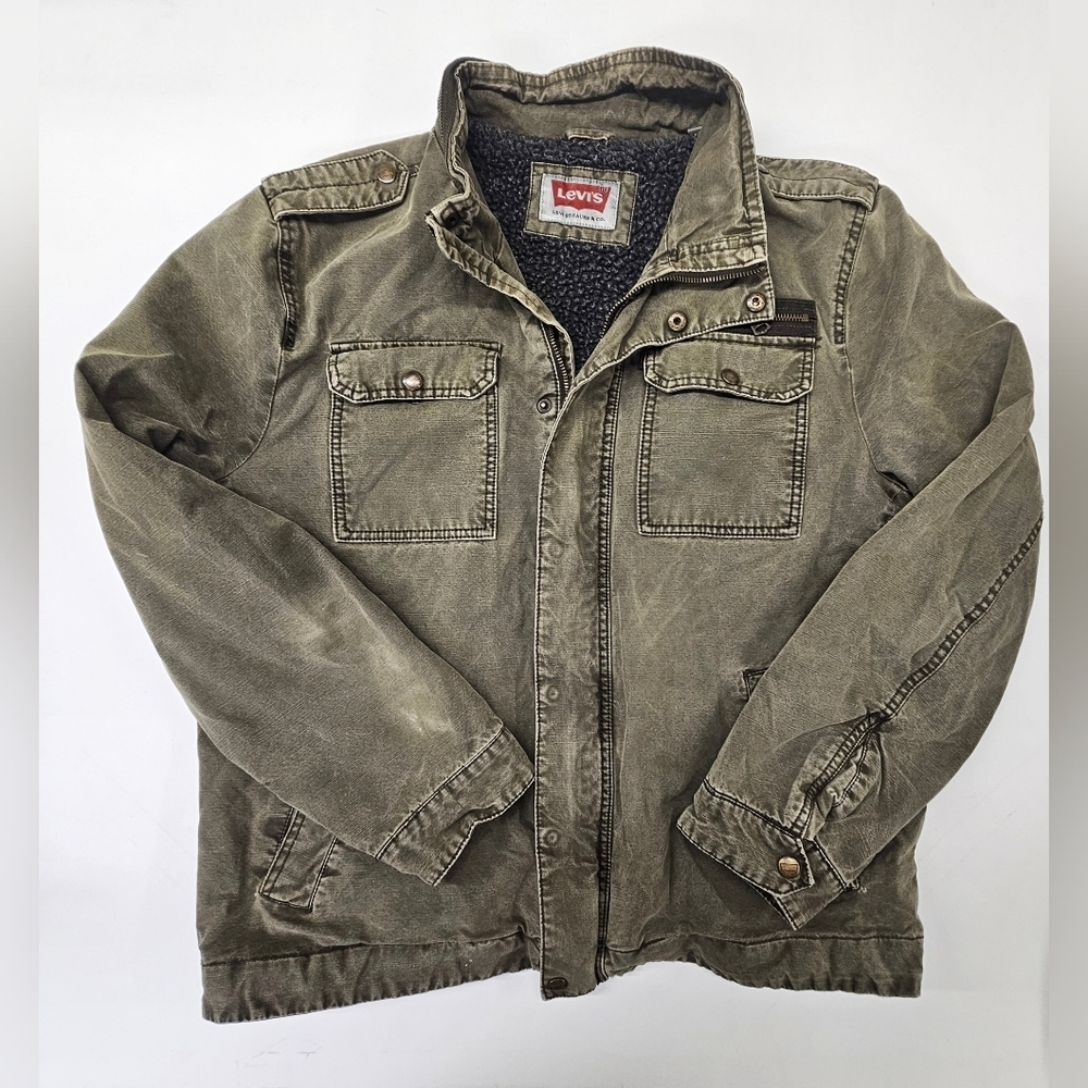 Levis Jacket Mens Large "G" Green Canvas Sherpa Lined Heavy Full Zip